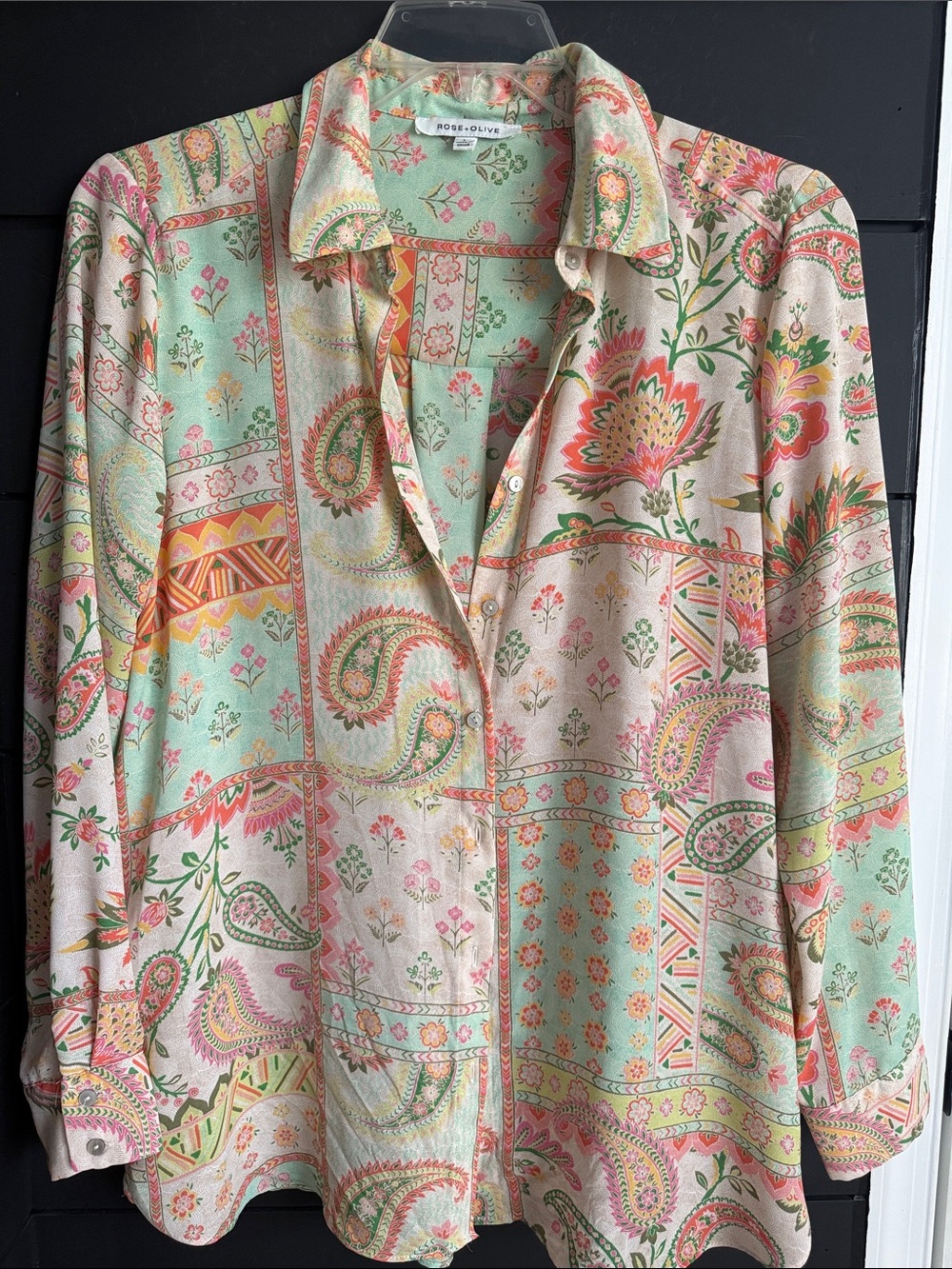 Rose & Olive Mint and Pink Paisley Button-Down Blouse L